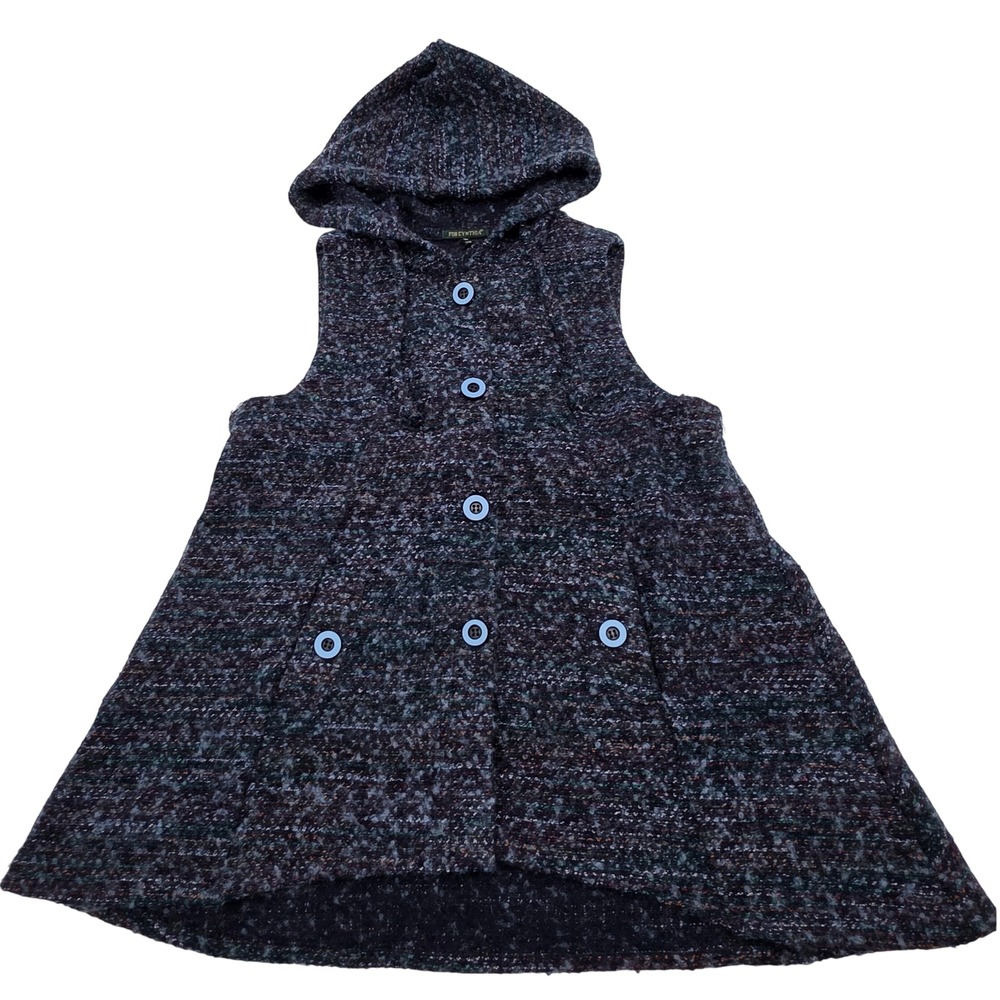 Lagenlook  Hooded Knit Vest WMN L Blue Marled Wool Blend Button Front Fairycore